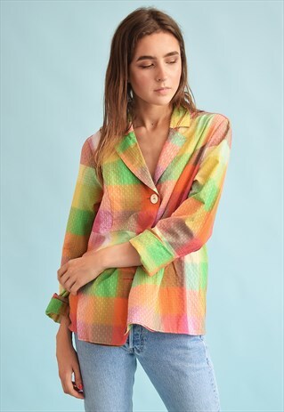 90'S RETRO COLOUR BLOCK OVERSIZED CHECKED BLOUSE TOP
