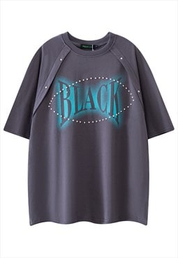 Embellished t-shirt black slogan tee raglan shoulder top
