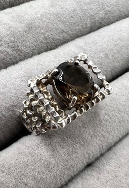 Vintage Silver Ring clear brown smokey quartz gemstone