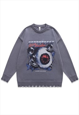Alien sweater knitted distressed UFO print jumper in grey