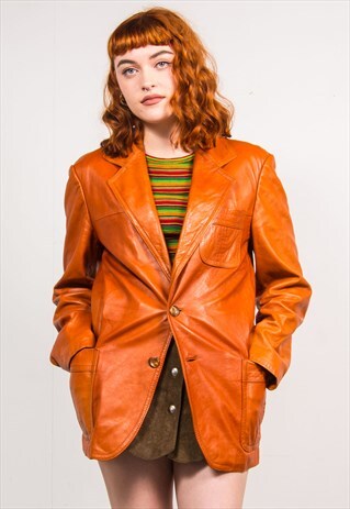 VINTAGE 70'S ORANGE LEATHER BLAZER JACKET
