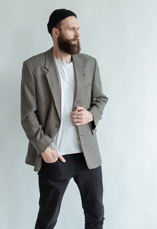 VINTAGE 70S BOHO BLAZER IN CHECKERED GREY