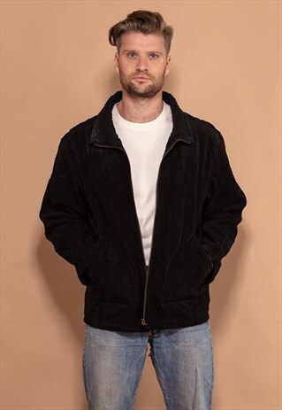 Vintage 90's Men Suede Sherpa Coat in Black