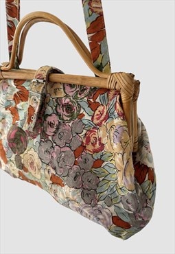 80's Ladies Vintage Floral Fabric Bamboo Shoulder Bag