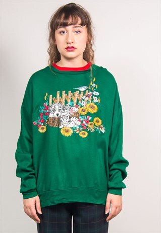 VINTAGE 90'S GREEN CUTE CAT & DOG PRINT OVERSIZED SWEATSHIRT
