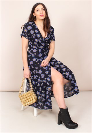 VINTAGE 90S DAISY PRINT MIDI WRAP DRESS