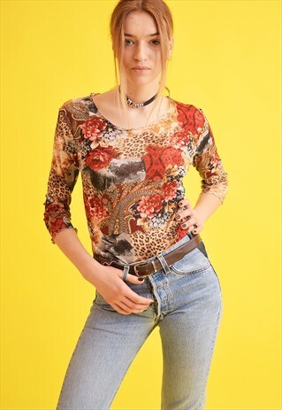 90'S RETRO FLORAL PRINT KITSCH MESH TEEN PARTY TOP
