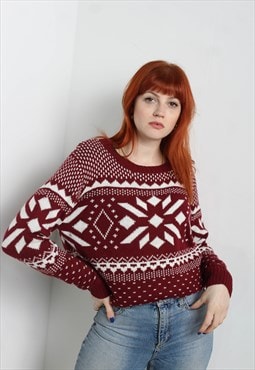 Vintage Abstract Jazzy Crazy Patterned Jumper Maroon