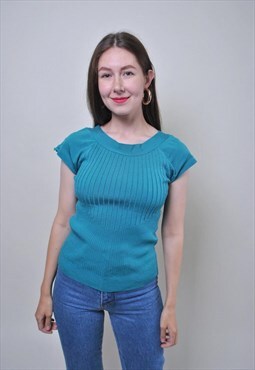 Vintage knitted blouse, 90s blue casual shirt 