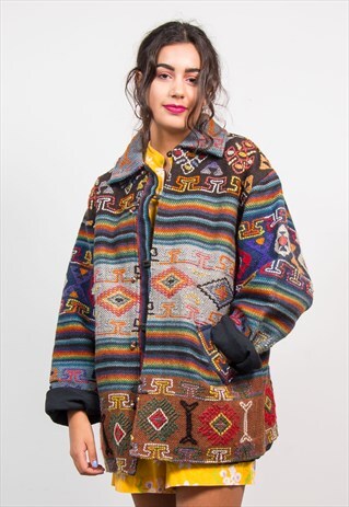 VINTAGE 90'S BRIGHT MULTICOLOUR AZTEC PATTERN JACKET COAT