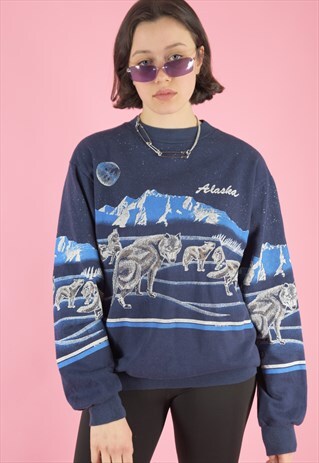 VINTAGE 90S SWEATSHIRT JUMPER IN BLUE WITH ALASKA PRINT