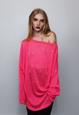 Deep V-neck sheer top revealing transparent sweatshirt pink 