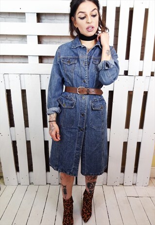 BLUE DENIM UTILITY STYLE BUTTON UP 90'S SHIRT DRESS