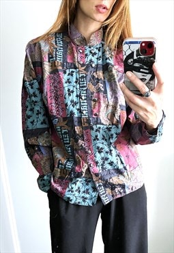 Novelty 80s Abstract Patchwork Colorful Blouse M L