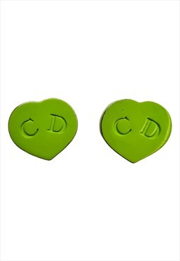 Christian Dior Earrings Green Heart Logo Monogram Vintage 