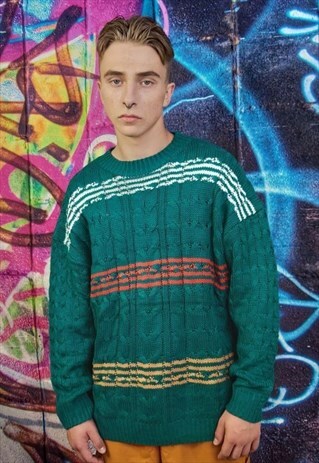 Horizontal stripe sweater Zigzag knitted jumper in green