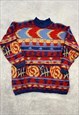 VINTAGE KNITTED JUMPER ABSTRACT PATTERNED BRIGHT KNIT