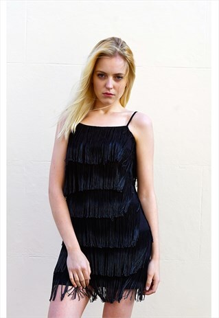 1920'S FRINGED FLAPPER PARTY DRESS (BLACK/GREY)