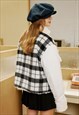 CHECKED FLEECE JACKET UNUSUAL PLAID FLUFFY CROP BOMBER WHITE
