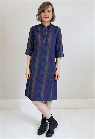 VINTAGE 80'S NAVY BLUE STRIPED BUTTON DRESS