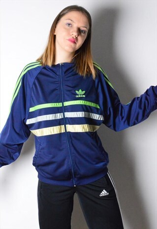 VINTAGE 90S ADIDAS BLUE JACKET WITH COLOURFUL STRIPED