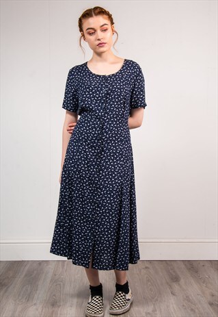VINTAGE 90'S NAVY BLUE FLORAL CUTE SUMMER DRESS