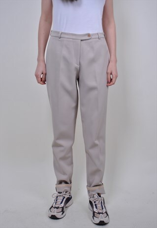 VINTAGE BEIGE SUIT PANTS, 90S WOMEN FORMAL TROUSERS