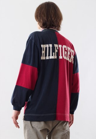VINTAGE MENS TOMMY HILFIGER BIG LOGO TOP RUGBY POLO SHIRT