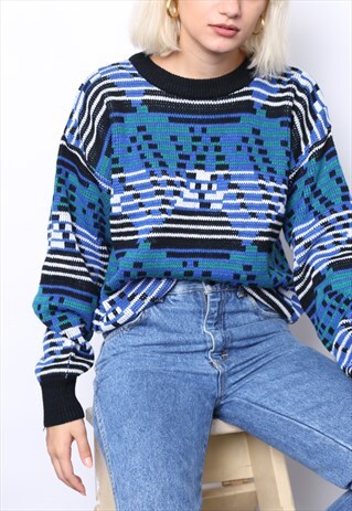 VINTAGE 80S GREEN BLUE PRINT KNIT JUMPER