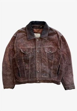 Vintage 90s Men's Redskins Brown Leather Trucker Jacket