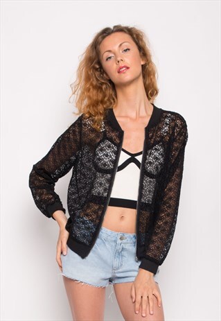 LIGHT BOMBER JACKET IN BLACK FLORAL LACE CROCHET