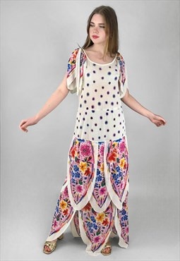  70's Vintage White Floral Sleeveless Maxi Dress
