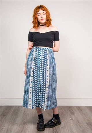 90'S VINTAGE BLUE PATTERNED FESTIVAL MIDI SKIRT