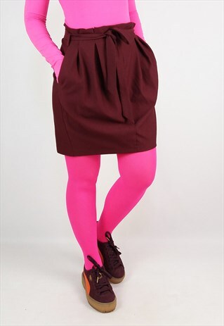 VINTAGE BURGUNDY PAPER-BAG WAIST SKIRT