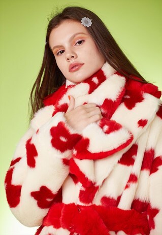 SOMEWHERE NOWHERE FAUX FUR SCARF WITH FLOWER PATTERN RED