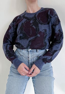 Vintage 90s Gothic Rib Knit Abstract Purple Wool Jumper S