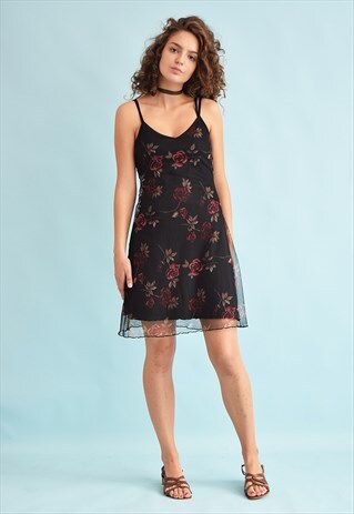90'S RETRO KITSCH FLORAL PRINT MESH MINI DRESS