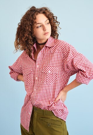 90'S RETRO CHECKED PRINT BOYFRIENDS SHIRT TOP