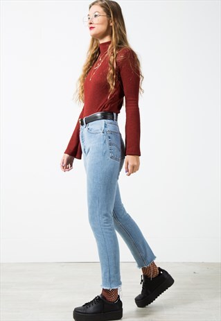 VINTAGE 80S REWORKED FRAYED HEM MOM JEANS MID WASH / 0014