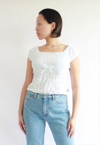 VINTAGE WHITE LINEN BOW COTTON CROP TOP