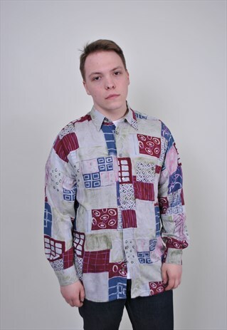 80S ABSTRACT PRINT MENS SHIRT, VINTAGE MULTICOLOR BUTTON UP