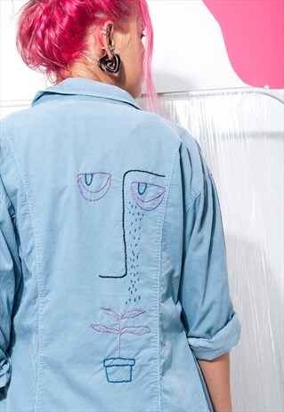 REWORKED CORDUROY SHIRT 90S VINTAGE WEIRD FACE EMBROIDERY