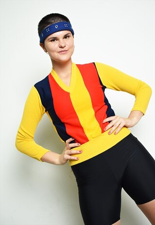 70'S RETRO KNIT SPORTS COLOUR BLOCK JUMPER TOP
