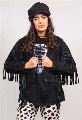VINTAGE 70'S BLACK SUEDE TASSEL FRINGE CROPPED JACKET
