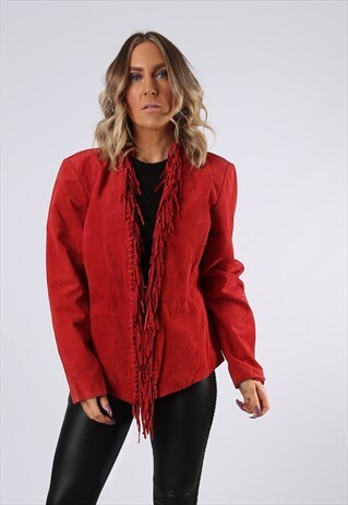 SUEDE LEATHER FRINGE TASSEL JACKET VINTAGE UK 12 (NCM)
