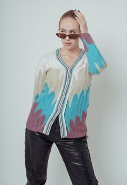 Vintage Fitted V-Neck Colourful Knitted Women Cardigan XS