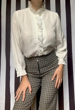 Vintage 80s white blouse with frills & mock neckline, uk14