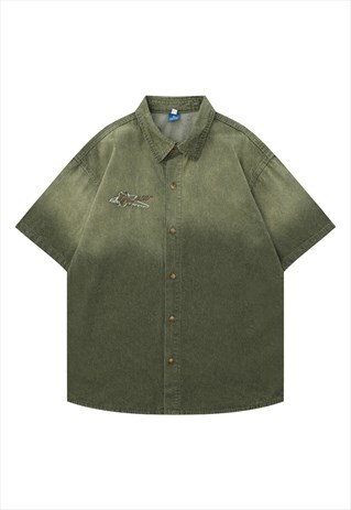 Gradient denim shirt short sleeve jean tie-dye top in green