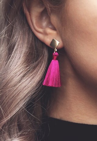 GABBY. MINI SILK TASSEL DROP EARRINGS - FUCHSIA