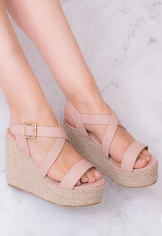 SOFIYA WEDGE HEEL SANDALS SHOES - NUDE LEATHER STYLE